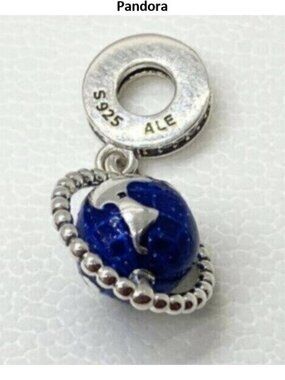 Authentic Pandora Charm Silver Blue Spinning Globe